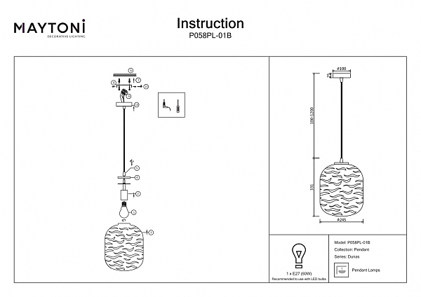 Светильник подвесной Maytoni Dunas P058PL-01B